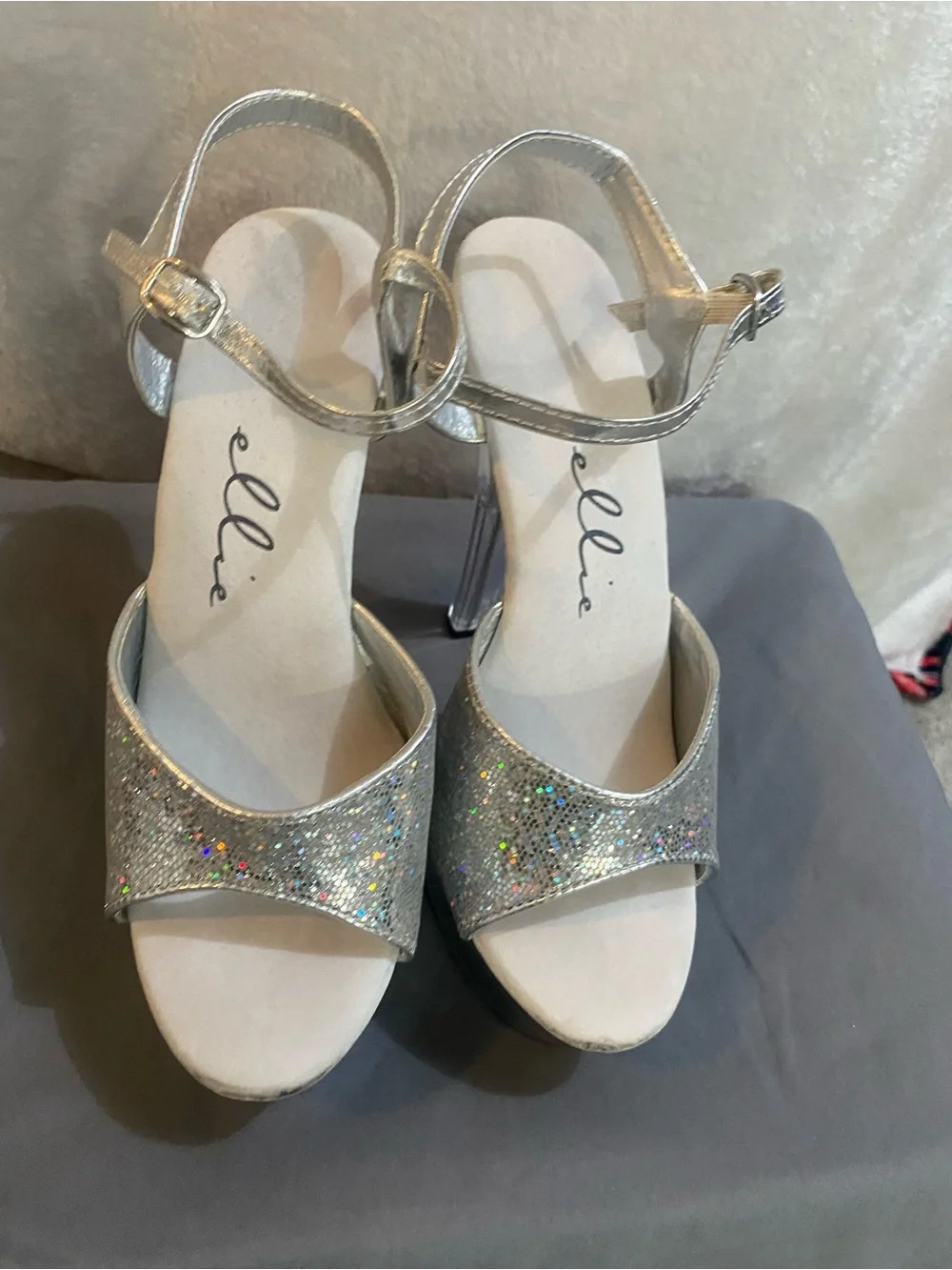 Ellie Holographic Silver Platform Sandals with Ankle Strap